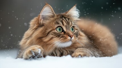 A stunning image of a fluffy cat with green eyes lying on fresh snow, capturing the serene beauty of winter and the peacefulness of nature while highlighting the charm of pets.