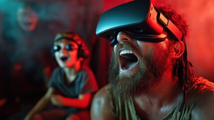 A father and son immersed in a virtual reality experience, both expressing excitement and joy, showcasing modern technology's role in family bonding and entertainment.