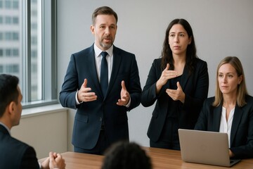 Businessman giving a speech at a conference using a sign language interpreter to communicate with deaf people