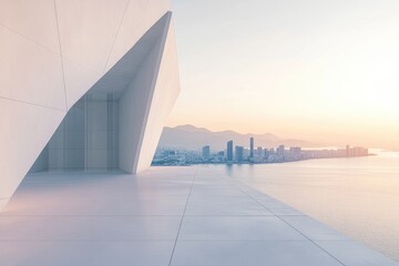 Fototapeta premium Modern architectural rooftop terrace overlooking a coastal city at sunrise