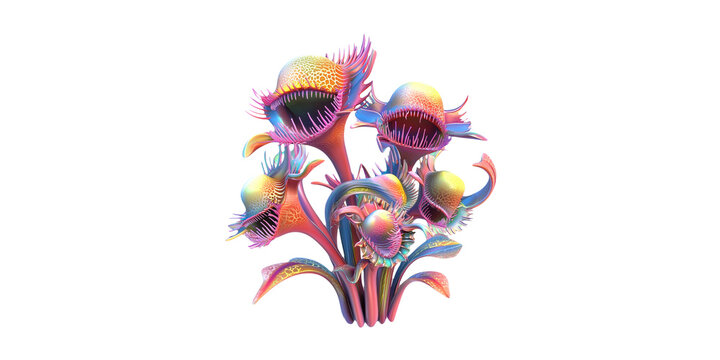 Colorful Abstract Venus Flytrap Illustration. Vibrant Botanical Art Isolated On Transparent Background