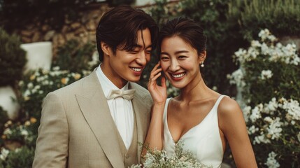 Happy Wedding couple in wedding party,Young joyful bride and groom emotionally dancing,honeymoon and romantic time,valentine,sweet moment,copy space.