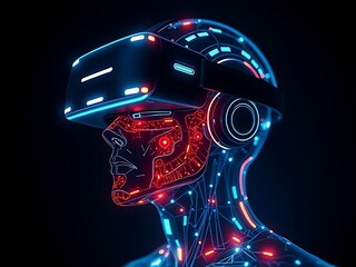 A powerful, fiery red robot head, perfect for illustrating a futuristic sports car race with a blazing motor design