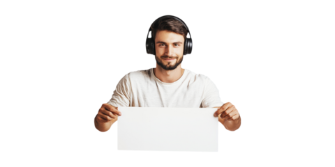 Man Wearing Headphones Holding Blank Sign. Music Enthusiast Promoting Message Isolated On Transparent Background