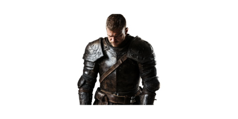Medieval Knight In Full Armor. Historical Warrior Representation Isolated On Transparent Background