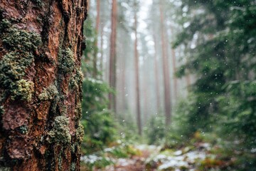 Obraz premium Close-up of moss-covered tree bark in a misty, snow-dusted pine forest; path visible in background