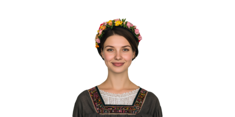 Young Woman In Traditional Dress With Floral Headband. Cultural Heritage And Festive Attire Isolated On Transparent Background
