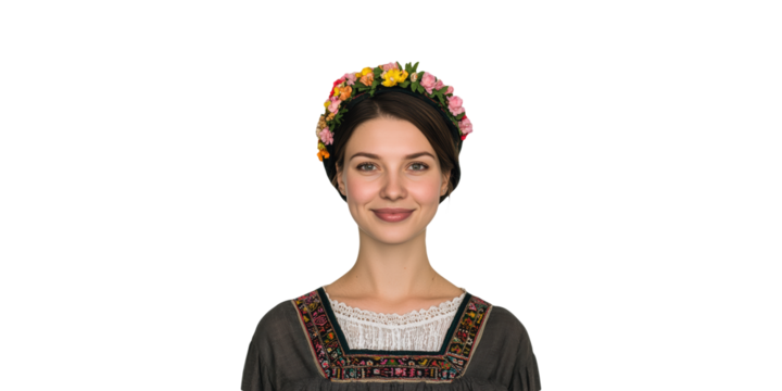 Young Woman In Traditional Dress With Floral Headband. Cultural Heritage And Festive Attire Isolated On Transparent Background