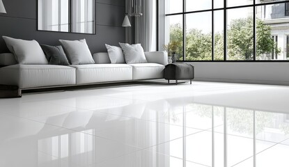 Modern living room with white tile flooring