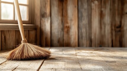 A simple wooden broom set against a rustic wooden background, symbolizing cleanliness and homeliness, creating a warm atmosphere filled with nostalgia and simplicity.