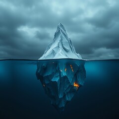 Giant ice mountains emerge from the cold ocean, their peaks reaching towards a vast winter sky, creating an abstract natural landscape