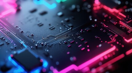 An intricate close-up view of a futuristic circuit board showcasing vibrant neon lights and detailed electronic components, illustrating technology and innovation.
