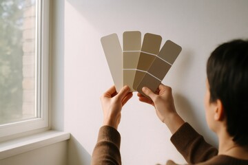 Woman holding paint swatches against white wall near window, choosing color for home renovation