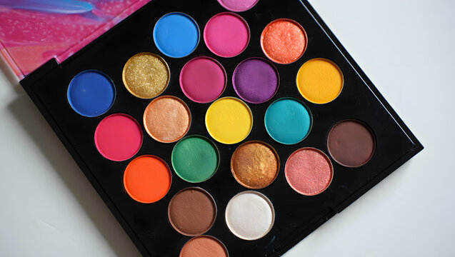A vibrant eyeshadow palette with an array of colorful shades is displayed against a white background