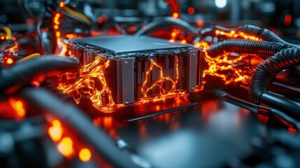 A striking view of futuristic technology featuring glowing cables intertwined with a battery showcases innovation and the cutting-edge designs in modern electronics.