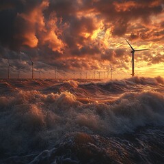 stormy offshore wind farm, crashing waves, dramatic clouds, cinematic tension