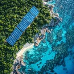 solar panels on tropical island with turquoise sea, drone shot, energy in paradise concept