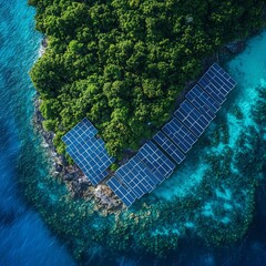 solar panels on tropical island with turquoise sea, drone shot, energy in paradise concept