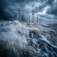 stormy offshore wind farm, crashing waves, dramatic clouds, cinematic tension