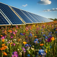 solar panels in wildflower meadow, spring sunlight, natural harmony, colorful palette