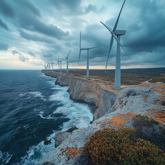 coastal cliffside wind turbines, cloudy sky, wide angle shot, realism and serenity