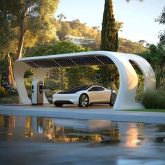 EV solar charging station, minimalist design, futuristic architecture, daylight clarity