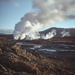 geothermal plant in volcanic terrain, steam clouds rising, earthy tones, dramatic environment