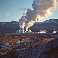 geothermal plant in volcanic terrain, steam clouds rising, earthy tones, dramatic environment