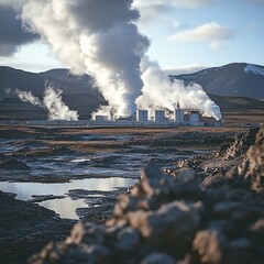 geothermal plant in volcanic terrain, steam clouds rising, earthy tones, dramatic environment