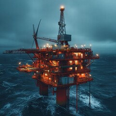 old oil rig transformed into wind energy platform, symbolism of energy shift, dark sky