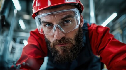 A skilled worker in red protective gear leans forward, fully engaged in his task. The image emphasizes safety, professionalism, and dedication in the workplace environment.