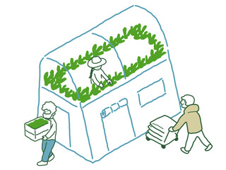 野菜を育てる人々　 農業　手描きアイソメトリックイラスト