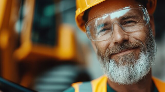 A cheerful construction worker wearing a hard hat and safety glasses, radiating positivity and dedication. This image highlights the essential human aspect of the construction industry. - Powered by Adobe
