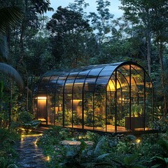 solar greenhouse in jungle, glowing glass structure, lush green environment