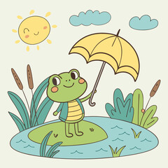 Obraz premium Whimsical frog enjoys sunny shower: A charming illustration of springtime joy