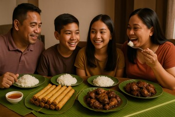 Happy Filipino family eating traditional food with their hands on banana leaves, celebrating togetherness and cultural heritage