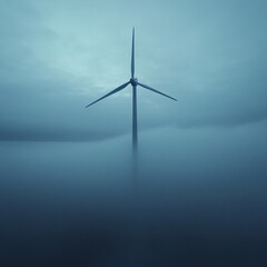 wind turbine in fog, abstract visibility, atmospheric tones, energy in silence