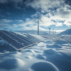 arctic wind and solar zone, snow-covered panels and turbines, isolated clean energy