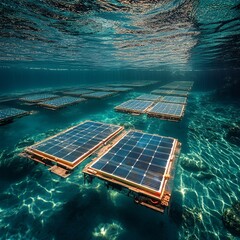 underwater floating solar platforms, clear water, surreal view, innovation angle