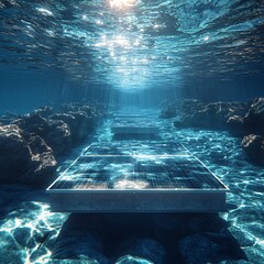 underwater floating solar platforms, clear water, surreal view, innovation angle
