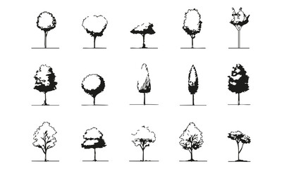 Black and White Tree Silhouette Collection. Architectural and Landscape Design Elements Set. Minimalist and Artistic Nature Representation. Isolated Vector Illustration