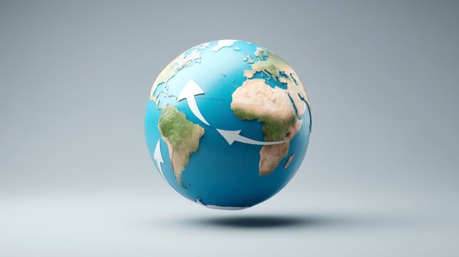A 3D globe showing continents with white arrows indicating global movement or exchange across the Atlantic Ocean. - Powered by Adobe