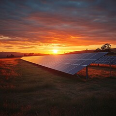 minimalist solar panel field at sunrise, warm tones, wide open space, high clarity