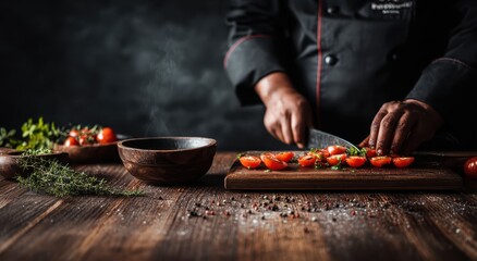 A chef in a black jacket expertly slices cherry tomatoes on a rustic wooden board, steam rising nearby, herbs and spices scattered on the table