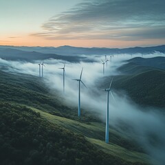 row of wind turbines in foggy hills, soft lighting, peaceful mood, cinematic angle