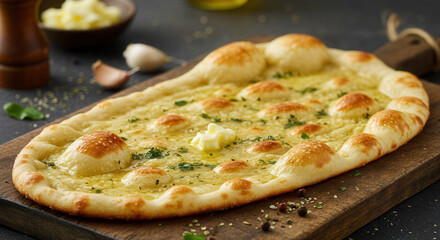 Warm and inviting shot of fresh naan bread on a wooden board.