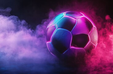 Fototapeta premium Soccer ball bathed in vibrant neon light, smoky backdrop