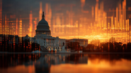 Fototapeta premium Sunset over the U.S. Capitol building with digital economic data overlay, symbolizing government influence on financial markets today.
