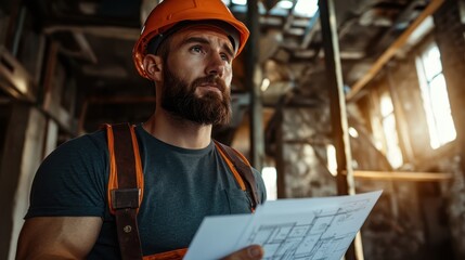 A thoughtful builder is intensely studying building plans in an industrial space, reflecting the importance of planning and vision in construction and architecture.