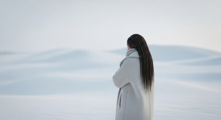 A woman with long dark braided hair wearing a warm winter coat stands in a vast barren snowy landscape under a bright sky